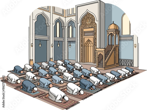 Muslim men praying in mosque: islamic worship, community, and religious tradition illustration