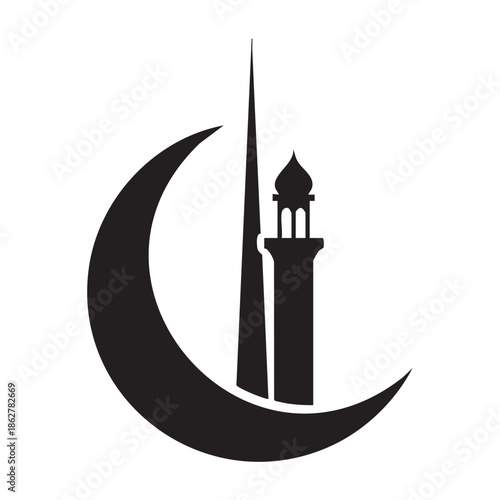 Black crescent moon and mosque tower silhouette graphic islam