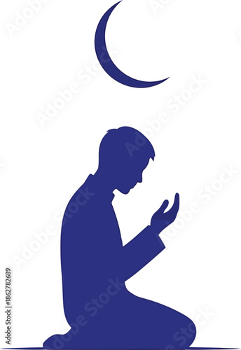 Muslim man praying silhouette with crescent moon   islamic prayer, ramadan devotion icon