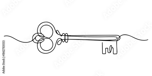  Key one line continuous drawing. Home key continuous one line illustration. Vector minimalist, security concept continuous line art. Editable outline, continuous one line drawing of keys. Real estate