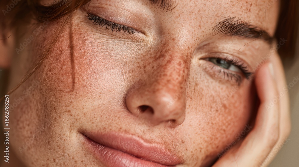 Fototapeta premium Close-up of young woman with clear skin touching her face promoting beauty and skincare