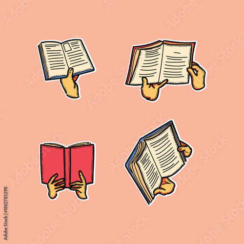 Reading Book Illustration with Hands Holding Open Books for Education and Learning Concept