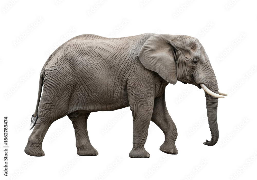 Obraz premium African elephant, gray wrinkled skin, large ears, short tusks, powerful legs mid-stride, isolated on transparent studio background, copy space, walking. Majestic wildlife