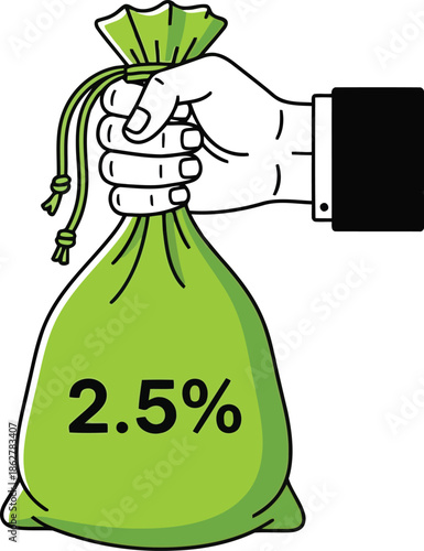 Hand holding green money bag with 2.5% rate: savings, interest, or commission concept
