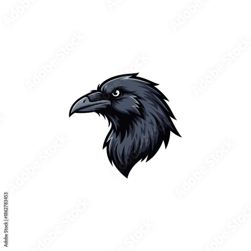 A black raven's head illustration with detailed feathers and sharp beak
