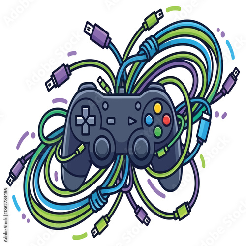 Game controller tangled with colorful usb cables