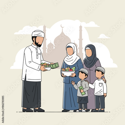 Muslim man giving zakat and sadaqah charity with food and money to family