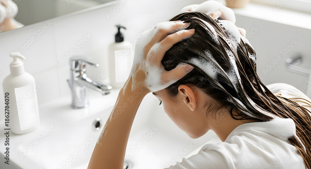 Naklejka premium Woman washing her long brown hair with shampoo lather over a whi