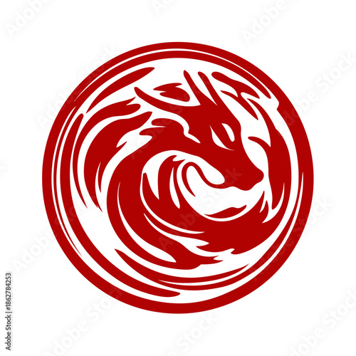 Stylized red dragon emblem on white background heraldry and design