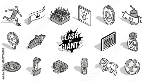 Versatile Isometric Game Elements Collection for Strategy and Fantasy Concepts, Featuring Battle Icons, Trophies, and Character Items in a Monochrome Style for Digital Design Assets