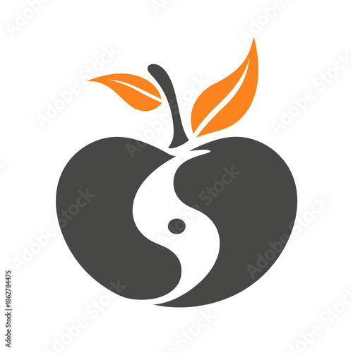 Abstract apple illustration with yin yang symbol in grayscale and orange