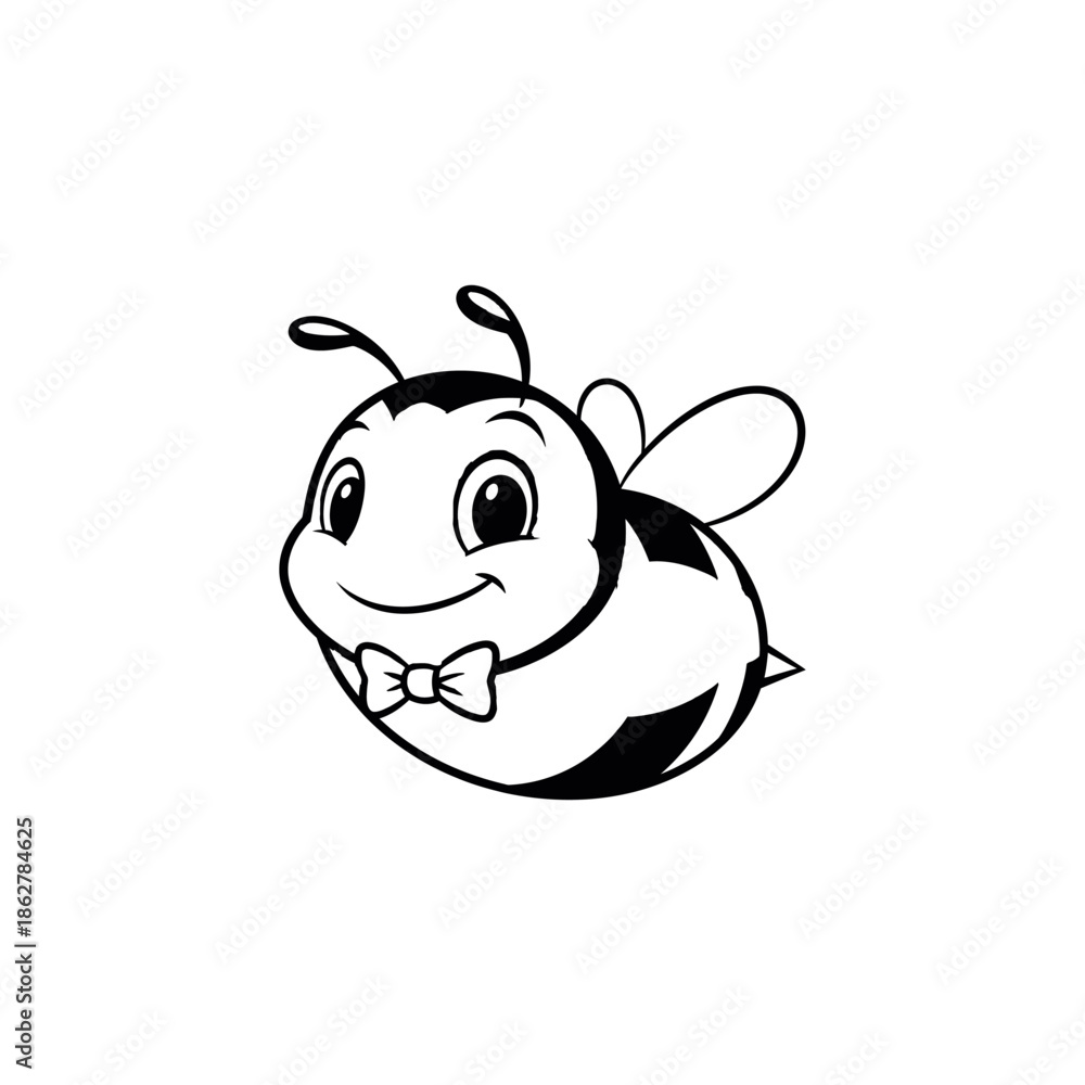 Naklejka premium A smiling cartoon bee with a bow tie on a white background