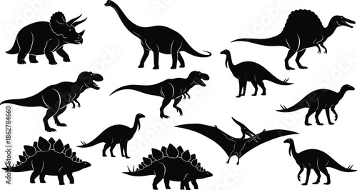 Dinosaur silhouettes, prehistoric creatures, educational illustration, paleontology chart, kids learning, fossil species, ancient reptiles, dinosaur types, museum poster, science display