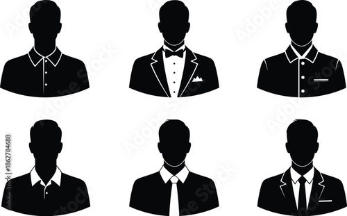 Formal, business, professional, attire, silhouette, icons, men, fashion, suit, shirt, tie, bowtie, collar, vector, illustration, style, elegant, clothing, design, male