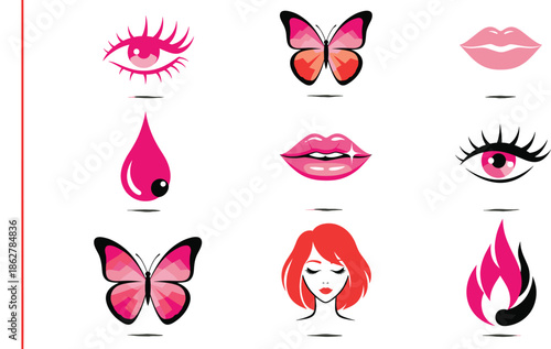 Pink beauty and fashion icon collection featuring female eyes with long lashes, lips, butterflies, a drop, fire, and a woman's face silhouette isolated on white.
