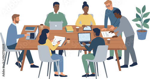 Diverse business team collaboration meeting around table with laptops tablets documents teamwork office illustration