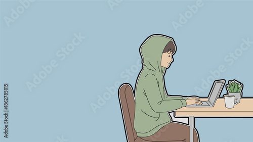 Young Man Wearing Green T-Shirt Working on Laptop at Home
