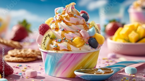 A vibrant swirl of frozen yogurt boasts a medley of colorful toppings like fruits, candies, and sprinkles, set against a cheerful outdoor backdrop on a sunny day