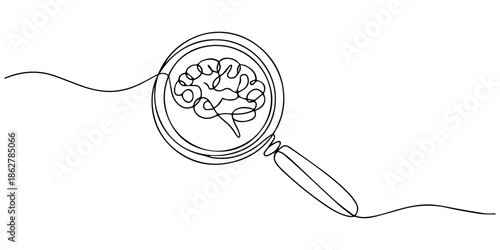 Magnifying glass with brain one continuous line vector illustration, One line of brain examination using a magnifying glass, magnifying glass in search of something concept, looking through it with.