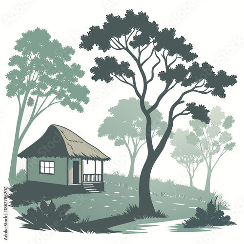 Small hut and trees in soft misty morning light grass