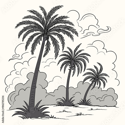Black and white of palm trees on a beach with clouds