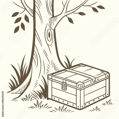 Brown of tree trunk and chest treasure chest grass