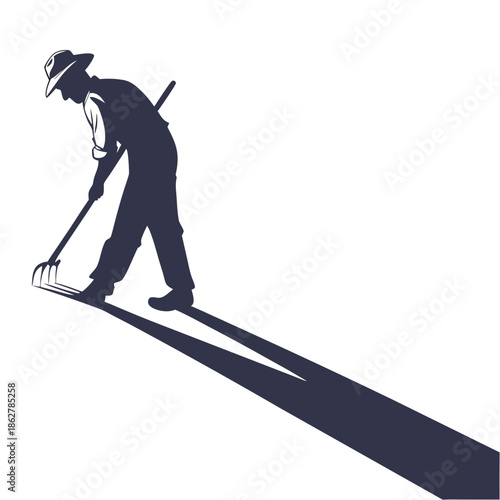 Farmer silhouette raking long shadow evening
