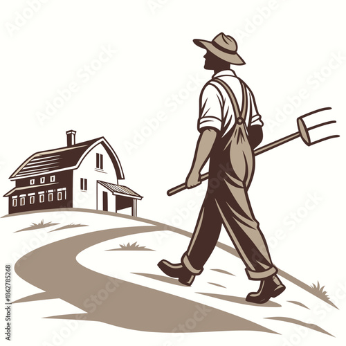 Farmer walking toward home carrying pitchfork white background
