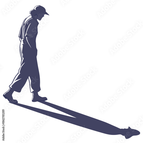 Farmer walking with long shadow in evening silhouette