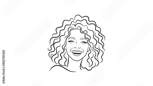 A smiling woman with curly hair is depicted with black outlines against a white background. This illustration conveys joy and happiness