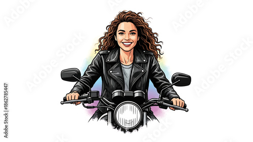 A smiling woman with curly hair sits on a motorcycle, wearing a leather jacket. Illustration on a white background
