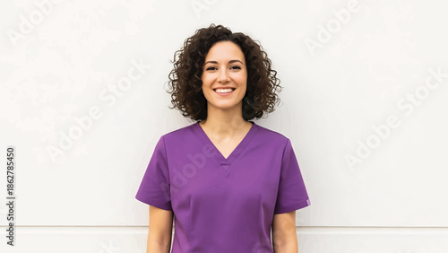 A smiling woman with curly hair poses in front of a white wall. She wears a purple top, suggesting a professional setting
