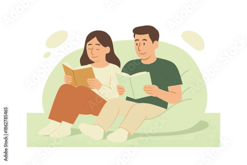 A relaxed couple enjoying a quiet moment together, deeply engrossed in their books isolated on white background