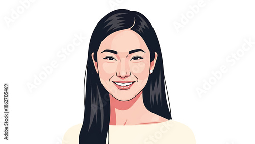 A smiling woman with dark hair and fair skin is depicted in a vector-style illustration on a white background, wearing a light-colored top