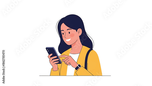 A smiling woman with dark hair, wearing a yellow blazer, looks at her phone, touching its screen with her finger. She has a watch