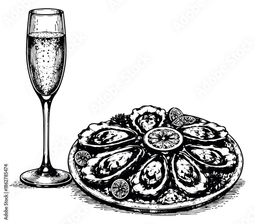Hand drawn line art illustration of fresh oysters and champagne depicting a luxurious seafood meal for fine dining promotion