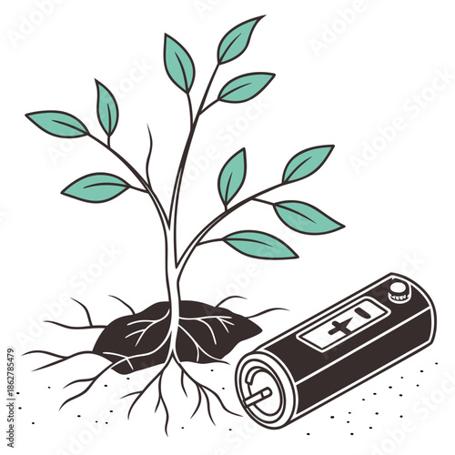 Seedling sprouting next to battery on white background