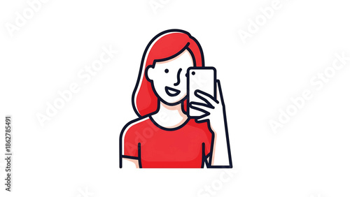 A smiling woman with red hair takes a selfie with a phone. The image uses simple lines and a flat design style, depicting a modern scene