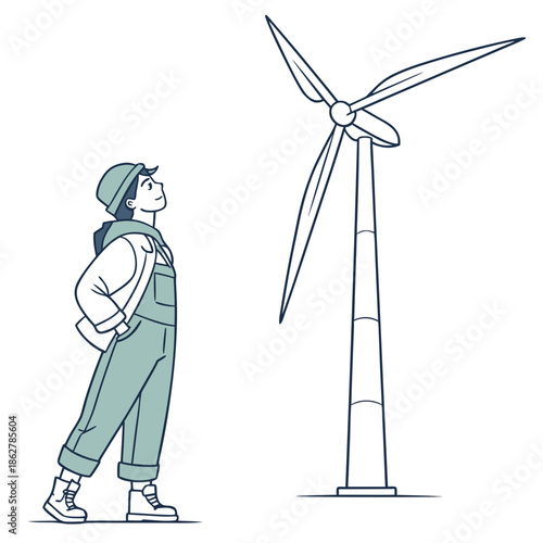 Person standing beside large wind generator white background
