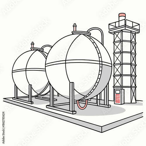 Transparent gas storage spheres in industrial setting with tower