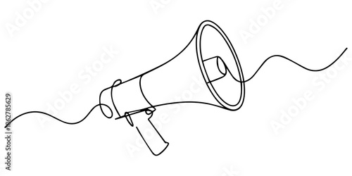 Megaphone icon continuous one line drawing minimalist outline illustration, Megaphone in one line art style. Drawing of a bullhorn with an editable black stroke on a white background. Vector illustrat
