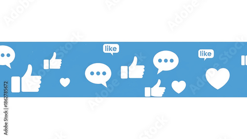 A social media banner on a textured blue background, with icons representing likes, comments, and a heart, suggesting engagement