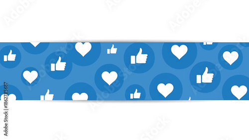 A social media banner features a textured blue background with white thumbs up and heart icons scattered within blue circles