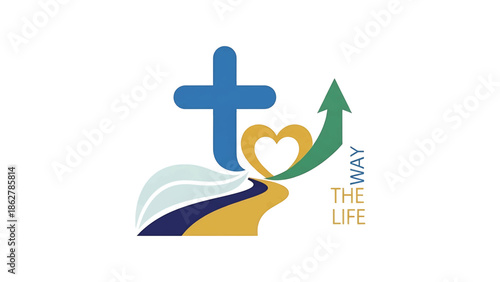 A spiritual image featuring a cross, heart, road, and upward arrow. It includes text "to the way, the life" and color scheme of blue, yellow, and green