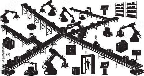An industrial factory with robotic arms and conveyor belts