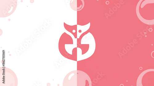 A split-screen illustration features a stylized icon in the center. Bubbles float around it. One half is white and the other is a textured pink