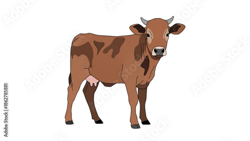 A standing cow, rendered in a simple illustration style, showcases brown and tan markings against a white background. The bovine is facing forward