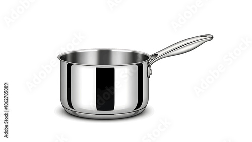 A stainless steel saucepan with a curved handle. The polished metal reflects light, creating highlights. It sits on a white background