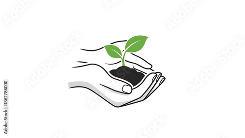 A sprout with green leaves grows from soil held in cupped hands, drawn in black and white with minimal color
