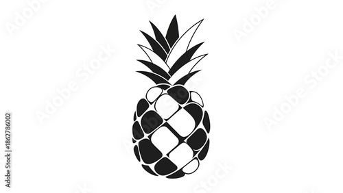 A stark black and white illustration of a pineapple, with a detailed segmented body and spiky top leaves, centered on a white background